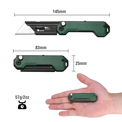 WORKPRO EDC Folding Utility Knife, Mini Box Cutter with Quick Open Axis Lock, Quick Change Blade Razor Knife, Foldable Small Pocket Knife with Belt Clip - color: Green-g10