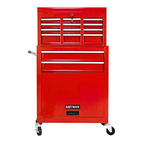 Red 8-Drawer Heavy Duty Tool Chest with Ball Bearing Drawers, Central Locking & 4 Wheels (2 Brakes) - Rolling Garage Storage Cabinet - color: Red, size: 24.2 x 13 x 42.8