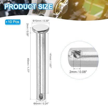 PATIKIL 6 x 45 mm Single Hole Clevis Pins, 10 Pcs 304 Stainless Steel Flat Head Pin for Hitch Pin Lock Link Hinge Systems, Silver - size: 6 x 45 x 41 mm