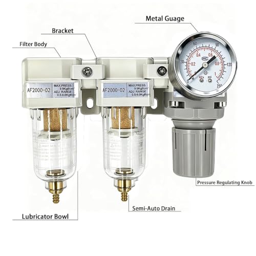XingNEeng 1/4" NPT Air Drying System-Double Air Filter, Air Pressure Regulator Combo, Air Compressor Water/Oil Separator with 0-150 psi Gauge, AC2000-02, Manual Drain, 5 Micron Brass Element - color: 1/4" Npt