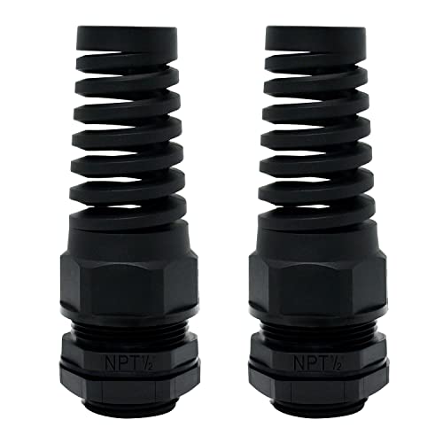 LeMotech 2Pcs NPT 1/2" IP68 Waterproof Cable Gland Flex Spiral Strain Relief Black Nylon Joint with Gaskets for 6-12mm Wire Thread - color: Black, size: NPT 1/2" (2-Pack)