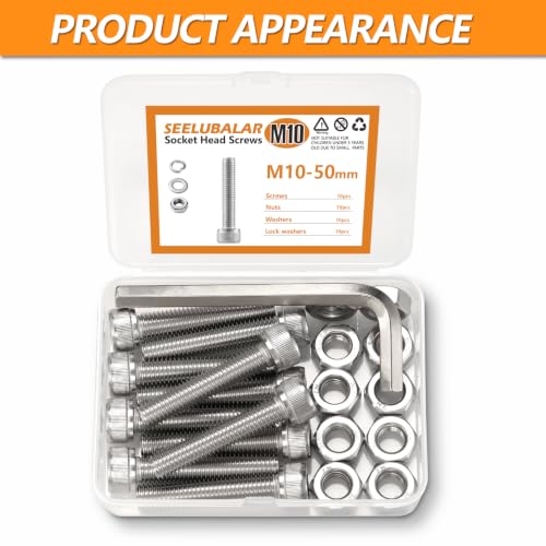 10 Sets Metric M10 Hex Socket Head Cap Screws Bolts Kit, M10-50mm Screws - size: M10 - 50mm