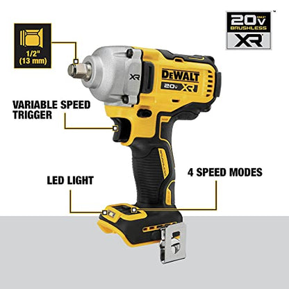 DEWALT 20V MAX Cordless Impact Wrench, 1/2' Hog Ring, Includes LED Work Light and Belt Clip, Bare Tool Only (DCF891B)