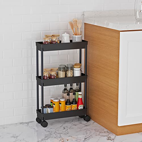 Sooyee 3 Tier Rolling Cart with Wheels, Black - color: Black, size: Slim 3 Tier