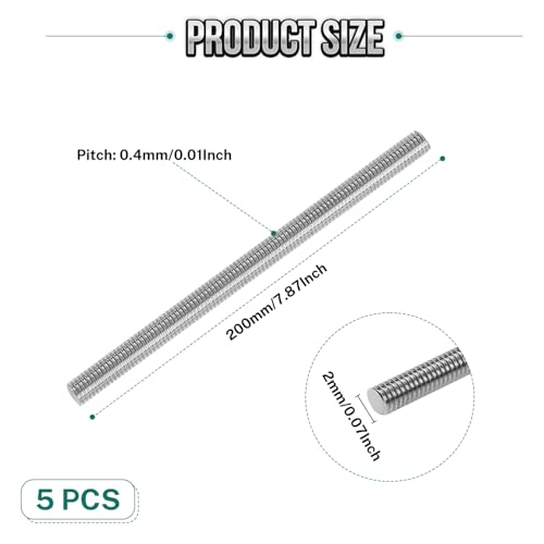 5Pcs Fully Threaded Rod & Studs, M2 x 200mm Long Threaded Screw, 0.4mm Thread Pitch, 304 Stainless Steel Right Hand Thread Bar Studs for Furniture Machinery Assembly - size: M2 x 200mm