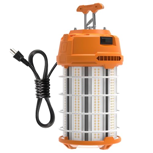 HYPERLITE LED Temporary Work Light 150W 18750LM 500W HID/HPS 5000K, Portable Hanging Construction Light with Stainless Steel Safety Guard and Sturdy Hook for Job Site, Workshop(with an ON/Off Switch)