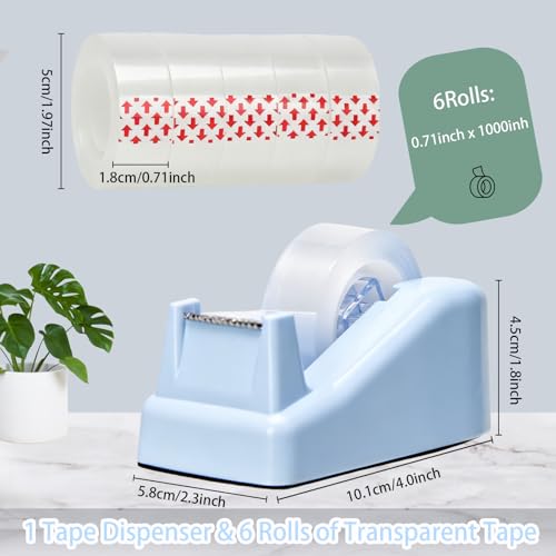 Tape Dispenser Desk,Desktop Tape Dispenser, Tape Dispenser with Weighted Non-Skid Base, Includes 6 Rolls Transparent Tape (0.71" x 1000"),Heavy Duty Tape Holder for Office, Home, School(Blue) - color: Blue