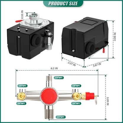 1 Way Air Compressor Pressure Switch Control Valve Kit 95-125 PSI, 110V-240V Replacement Parts, With 0-180 Pressure Gauge and Manifold Regulator - size: 95-125 PSI