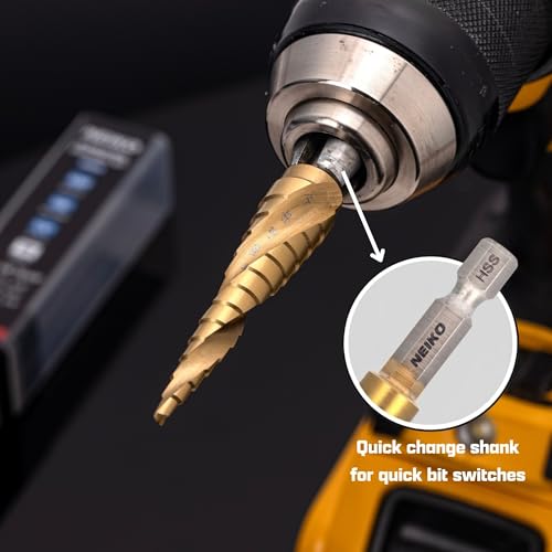 NEIKO 10602A Step Drill Bit, 13 Steps 1/8" to 1/2" Spiral High Speed Steel, Titanium Nitride Coated, 1/4" Quick Change Step Bits for Steel, Metal, Wood, Plastic, Unibit Cone Drill Bits, Two Flute - size: #1 (1/8 - 1/2", 13S), style: Spiral