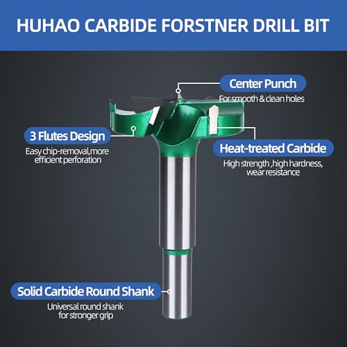 HUHAO 2-3/16" | 55mm Triple Flute Forstner Drill Bit, Tungsten Carbide Upgraded Drilling Hole Saw Woodworking Hinge Cutter Tool Kits for Wood,Plywood,Plastic,MDF - size: 55 mm