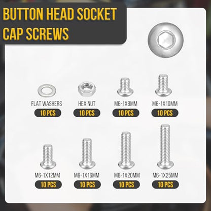 DTGN 80Pcs M6-1.75x8/10/12/16/20/25mm Button Head Socket Cap Screws - size: M6-1.75x8/10/12/16/20/25mm