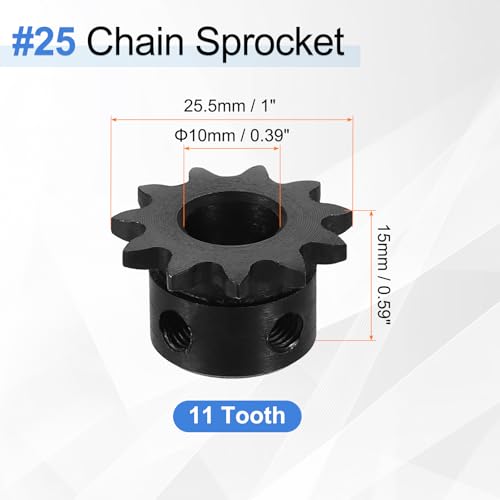 uxcell 2 Pcs #25 Chain Roller Sprocket 10mm Bore, 11 Tooth C45 Carbon Steel ANSI #25 Roller Sprocket Round Hole with Set Screws for ISO 04C Chain