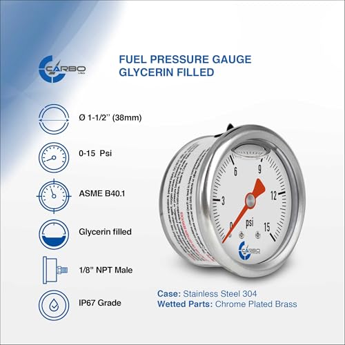 1-1/2" Fuel Pressure Gauge, Stainless Steel Case 304, Chrome Plated Brass Connection, Glycerin Filled, 0-15 Psi, Accuracy 3-2-3%, Back Mount 1/8" NPT - size: 15 PSI, style: Back Mount