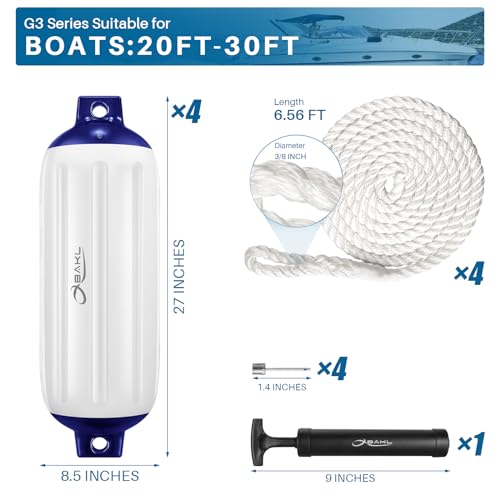4 Pack 8.5 x 27 Inches Boat Fenders Bumpers for Docking - color: Santorini Blue&White