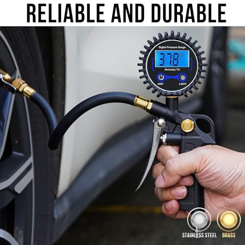 Digital Tire Pressure Gauge with Inflator 3-250 PSI Heavy Duty - size: 1 Pack Standard