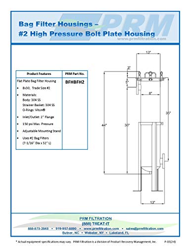 PRM 304 Stainless Steel Bag Filter Housing, #2 Size, 2 Inch Flange Inlet/Outlet, 150 PSI Max. Pressure, Bolt Plate Top