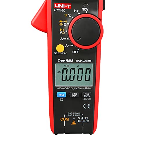 UNI-T Clamp Meter UT216C, Inrush Current AC/DC 600A TRMS HVAC Volt Amp Ohm Meter Multi Meter, Auto Ranging 6,000 Counts, Voltage Frequency Resistance Capacitance Temperature Continuity Diode Tester - size: UT216C