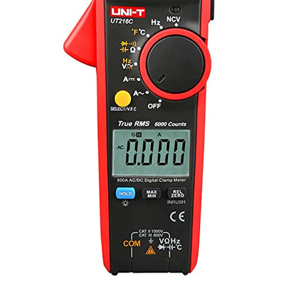 UNI-T Clamp Meter UT216C, Inrush Current AC/DC 600A TRMS HVAC Volt Amp Ohm Meter Multi Meter, Auto Ranging 6,000 Counts, Voltage Frequency Resistance Capacitance Temperature Continuity Diode Tester - size: UT216C
