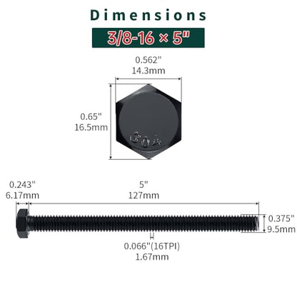 3/8-16 x 5 Hex Bolts with Nuts and Washers (6 Sets), 18-8 (304) Stainless Steel, External Hex Drive, Black Oxide Coated Hexagon Head Bolts Screws, Fayeploo - size: 3/8-16 x 5"