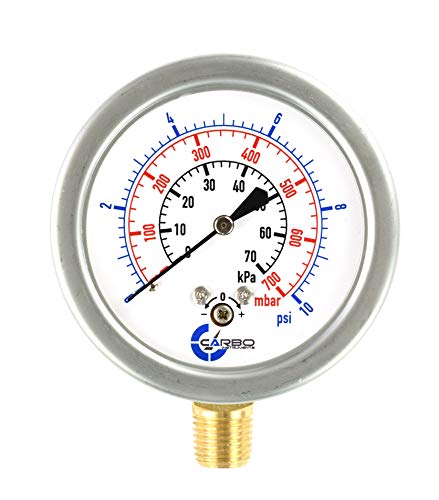 Diaphragm Low Pressure Capsule Gauge, 2-1/2" Dial, 10 PSI Range, 1/4" NPT Lower Mount, Stainless Steel Case, Brass Internals, Adjustable, Scales 10 PSI / 70 kPa / 700 mBar - size: 10 PSI