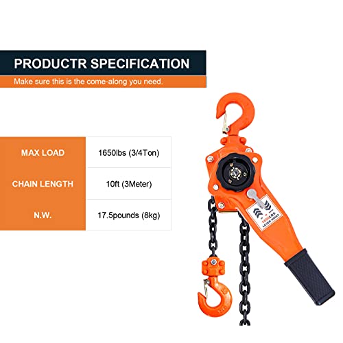 Lever Chain Hoist 10ft 3/4 ton Come Along Ratchet Puller Hoists - size: 1650lbs
