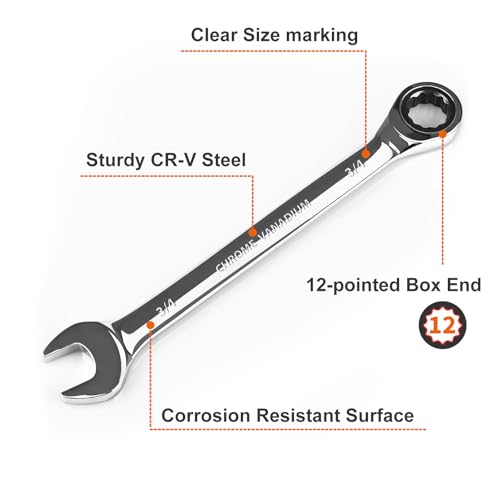 Egofine 3/4 inch Ratcheting Combination Wrench SAE, Industrial Grade Gear Spanner with 12-Point Design, 72-Tooth Ratchet, Chrome Vanadium Steel - size: 3/4"