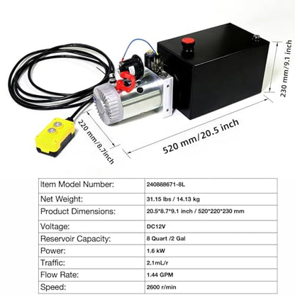 SALMAN Hydraulic Power Unit DC 12V 1.6KW Rotating Speed 2600RPM Pressure 16~20MPa Traffic 2.1 cc/r