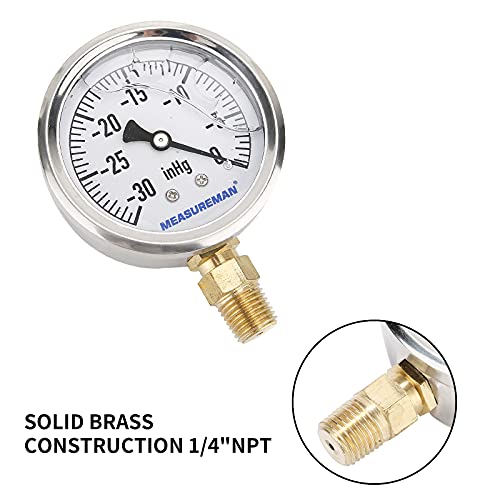 MEASUREMAN 2-1/2inch Dial Size, Glycerin Filled Plumbing Pressure Gauge, 30inHg-0, Stainless Steel Case, 1/4inchNPT Lower Mount - size: 30inHg-0, style: Lower Mount