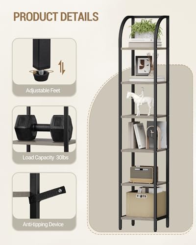 Hzuaneri Bookshelf Narrow Bookcase, Tall Storage Rack with Steel Frame - color: Greige, size: 11.8 × 13.2 × 71.9 inch