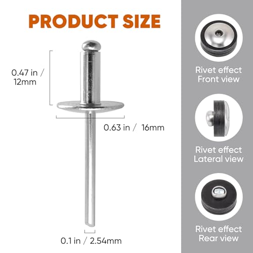ALLCLEAN (110 pcs) 3/16 * 1/2" Large Flange Open End Aluminum Blind Rivets,4.8 * 12 Pop Blind Rivet - color: Silver, size: 3/16"*1/2"
