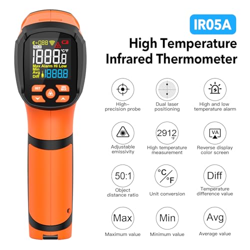 Infrared Thermometer Temperature Gun,-40℉~2912℉ Pyrometer, 50:1 High Temp Thermometer with Thermocouple Probe, Non-Contact Digital IR Laser Thermometer for Industrial HVAC Forge Metal