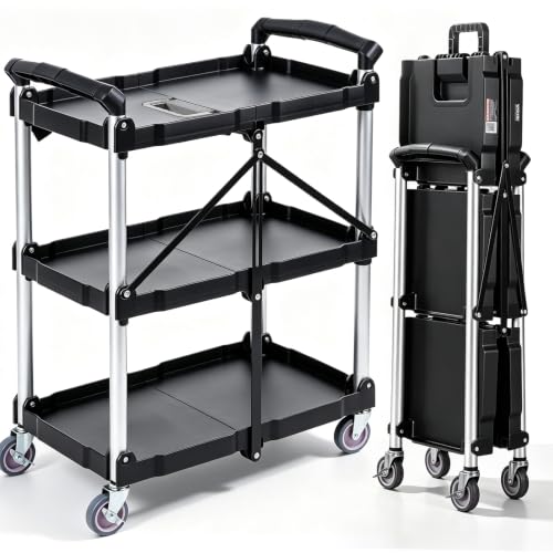 VEVOR Foldable Utility Service Cart, 165LBS 3 Shelf Heavy Duty Plastic Rolling Cart with 360° Swivel Wheels (2 with Brakes), Ergonomic Handle, Portable Garage Tool Cart for Warehouse Office Home - size: 25.62 x 15.43 x 32.76 inch