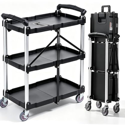 VEVOR Foldable Utility Service Cart, 165LBS 3 Shelf Heavy Duty Plastic Rolling Cart with 360° Swivel Wheels (2 with Brakes), Ergonomic Handle, Portable Garage Tool Cart for Warehouse Office Home - size: 25.62 x 15.43 x 32.76 inch