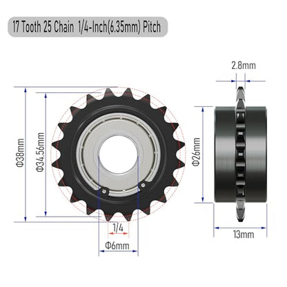 17 Tooth Roller Chain Sprocket, 37mm OD 8mm Bore 1/4" Pitch Chain Idler Sprocket, Single Bearing Black Oxide Finish C45 Carbon Steel for ISO 04C Chain - size: 6mm Bore 17 Tooth