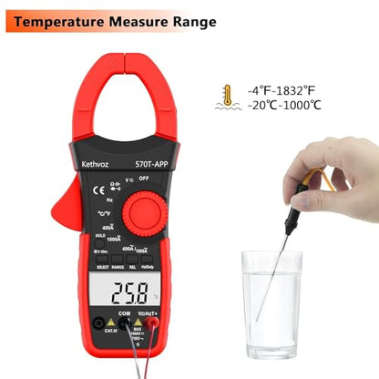 Kethvoz 570T-APP Digital Clamp Meter, 4000 Counts Bluetooth Multimeter, 1000A AC/DC Amp Voltage Tester, Measures Ohms, Capacitance, Frequency, Temperature, Diode, Continuity Test with Data Logging