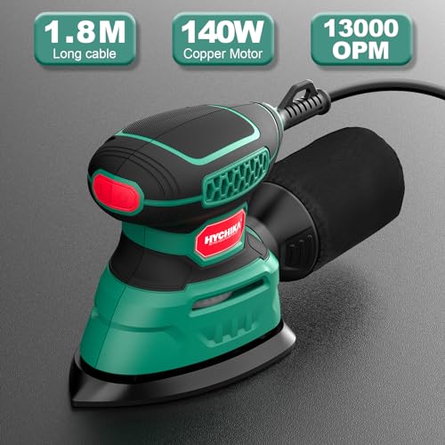 HYCHIKA Detail Sander,140W Electric Sander, up to 13000OPM, 1.2A Palm Sander Tool with 12pcs Sandpapers, with Efficient Dust Collection System, Compact Hand Sander for Woodworking - style: Detail Sander with 12 Sanderpapers