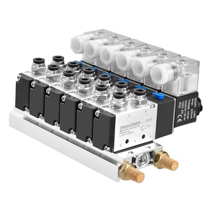 Heschen Electrical Pneumatic 6 Solenoid Valve, 4V210-08, DC24V Coil, PT1/4'' Port, 5 Way 2 Position, Manifold Base, Muffler, Quick Fittings Set - style: Electronic.