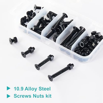 M5 x 10mm 20mm 30mm 40mm, Flat Head Hex Socket Cap Screws Bolts, Countersunk Bolts and Nuts, 10.9 Grade Alloy Steel, Black Oxide, Metric Allen Drive, Fully Thread, Assortment Kit 80PCS - size: M5x10-40mm+Nuts