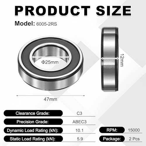 uxcell 2Pcs 6005-2RS Deep Groove Ball Bearings, 25x47x12 mm High Speed Double Rubber Seal Bearings Pre-Lubricated and Stable for Industrial Machinery Repairs 3D Project - size: 6005-2RS(25x47x12 mm)