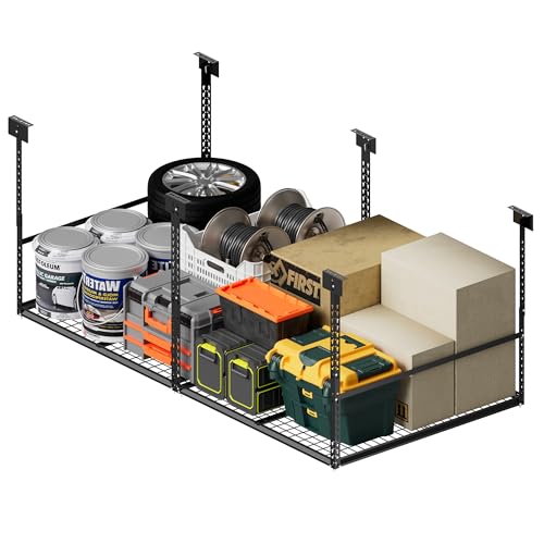 4x8 Ft Overhead Garage Storage Rack, 28-41 inch Height Adjustable Ceiling Mounted Organization Rack, 750 lbs Weight Capacity, 48"x96" Metal Rack for Garage Storage with Wire Decking - size: 4x8ft w/ Wire Decking