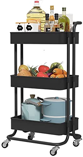 Sooyee 3 Tier Metal Utility Cart with Handle and Lockable Wheels, Black - color: Black, size: Wide 3 Tier 2