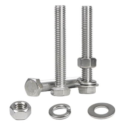 MroMax 6 Sets 3/8-16 x 2-1/2" Hex Head Screw Bolt, Nuts, Flat Washer & Spring Lock Washers Kits,Fully Threaded, Stainless Steel 18-8（304）, Bright Finish - size: 3/8-16 x 2-1/2" (6 Sets)
