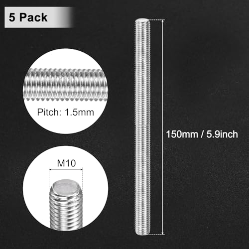 M METERXITY 5-Pack Fully Threaded Rod, M10x150mm 304 Stainless Steel Right Hand Thread Bar Studs for Furniture Anchor Bolts/Clamps/U-Bolts, Metric Threaded Screw - size: M10x150mm