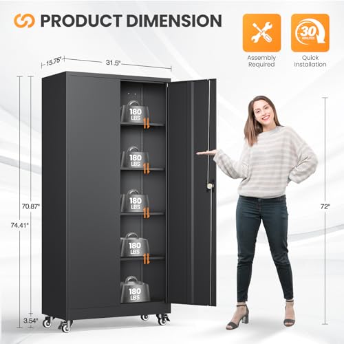 Metal Garage Storage Cabinets with Wheels, Rolling Tool Cabinet with Lock, Locking Garage Caninet on Wheels with Shelves, Steel 2 Door Tall Tool Cabnets for Workshop/Home/Office - (Black 75”H) - color: Black, size: 75"H