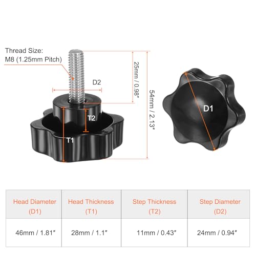 HARFINGTON 2pcs Star Knobs M8 x 25mm 304 Stainless Steel Threaded Stud 46mm Plastic 6-Star Head Hand Tightening Thumb Screw Clamping Jig Knob Handle, Black - size: M8 x 25mm x 46mm