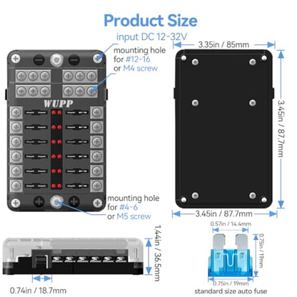 12 Circuits Fuse Block Panel - with Negative Bus Fuse Box Holder Screw, Marine Fuse Block DC 12-24V with LED Indicator Waterproof Cover for Car Marine Boat RV Truck, 24 Fuses Included - size: 12 Way