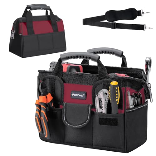 TICONN Heavy Duty Tool Bag Organizer, Portable Tool Box with Shoulder Strap - color: Red, size: 12" Standard Base