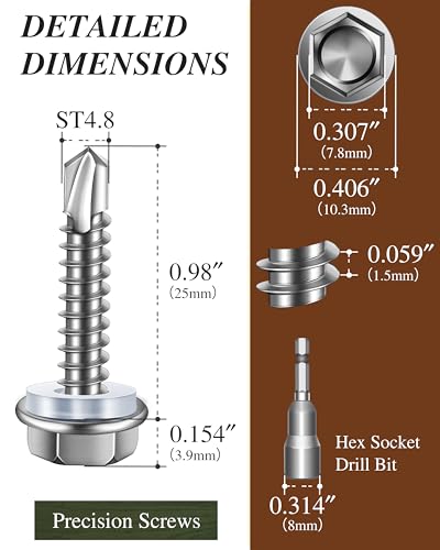 100PCS #10 x 1 Self Drilling Screws, Self Tapping Screws for Metal, 410 Stainless Steel Hex Washer Head Sheet Metal Screw, Bright Finish with 8mm Hex Socket - color: Silver, size: #10 x 1"