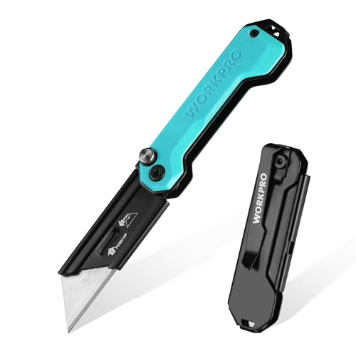 WORKPRO EDC Folding Utility Knife, Mini Box Cutter with Quick Open Axis Lock, Quick Change Blade Razor Knife, Foldable Small Pocket Knife with Belt Clip - color: Blue-g10