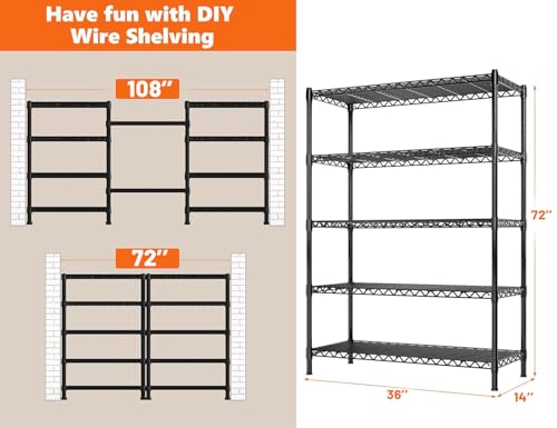 REIBII 72''H Metal Shelving 5-Tier Storage Shelves,1100lbs, Kitchen Pantry - color: Black, size: 72"H x 36"W x 14"D 5 Tier